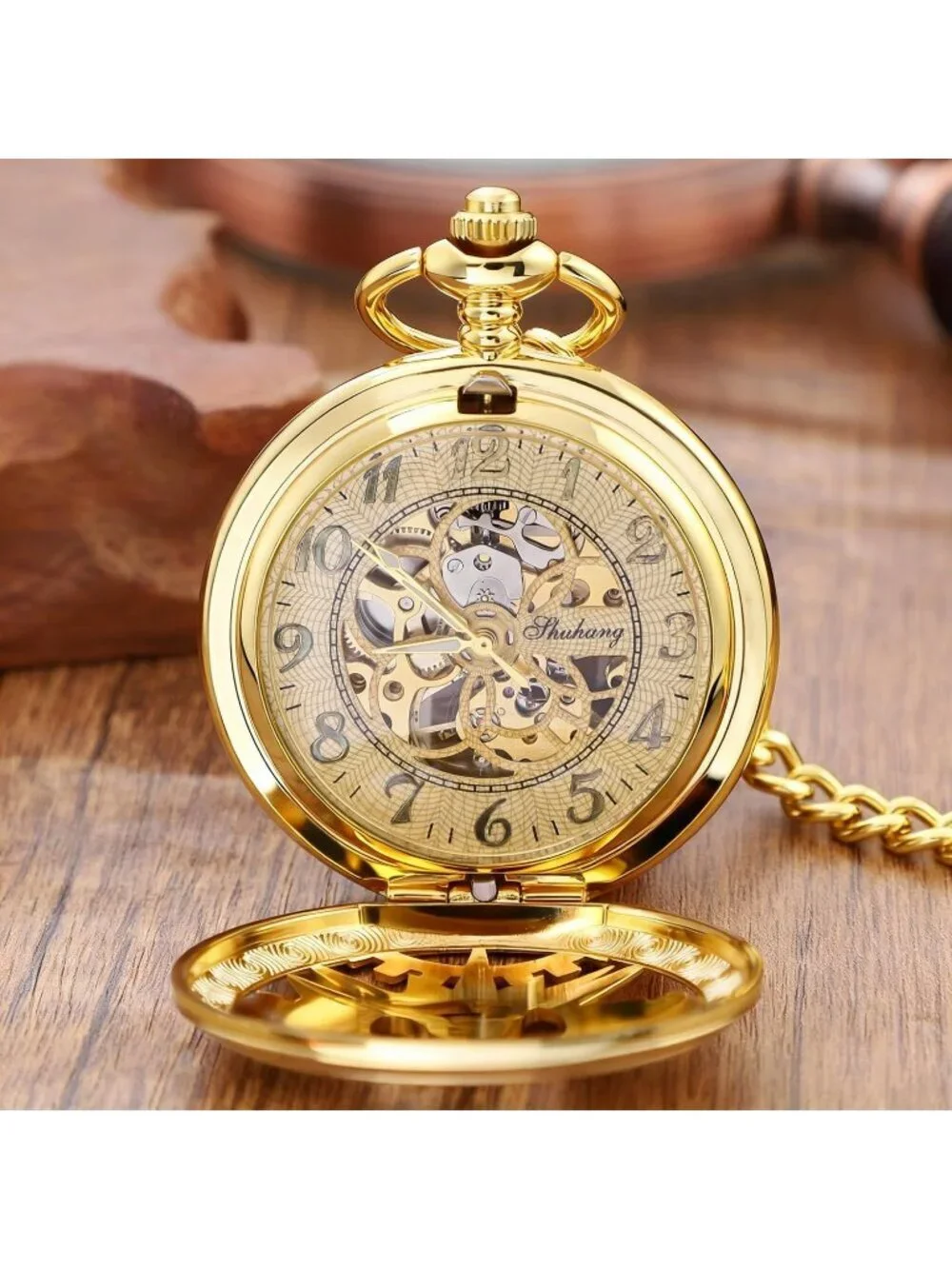 Mens All Gold Vintage Style Hollow-Out Round Gear Arabic Mechanical Pocket Watch